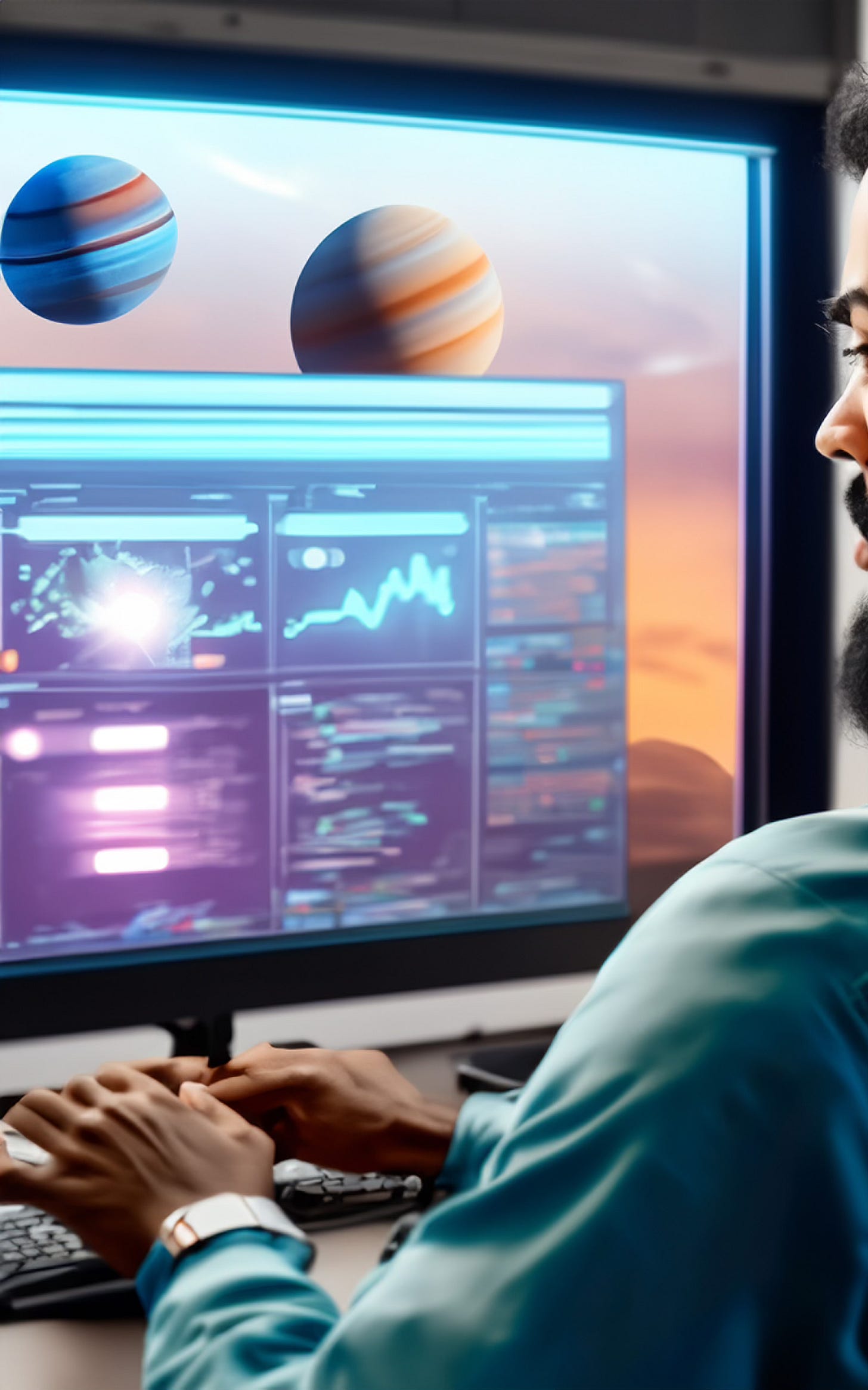 Image generated with Adobe Photoshop/Firefly and depicting a developer working on imagery of planets