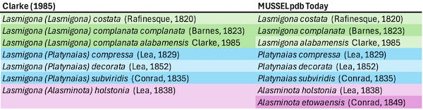 The classifications of Lasmigona sensu lato of Clarke (1985) and what is in the MUSSELpdb today.