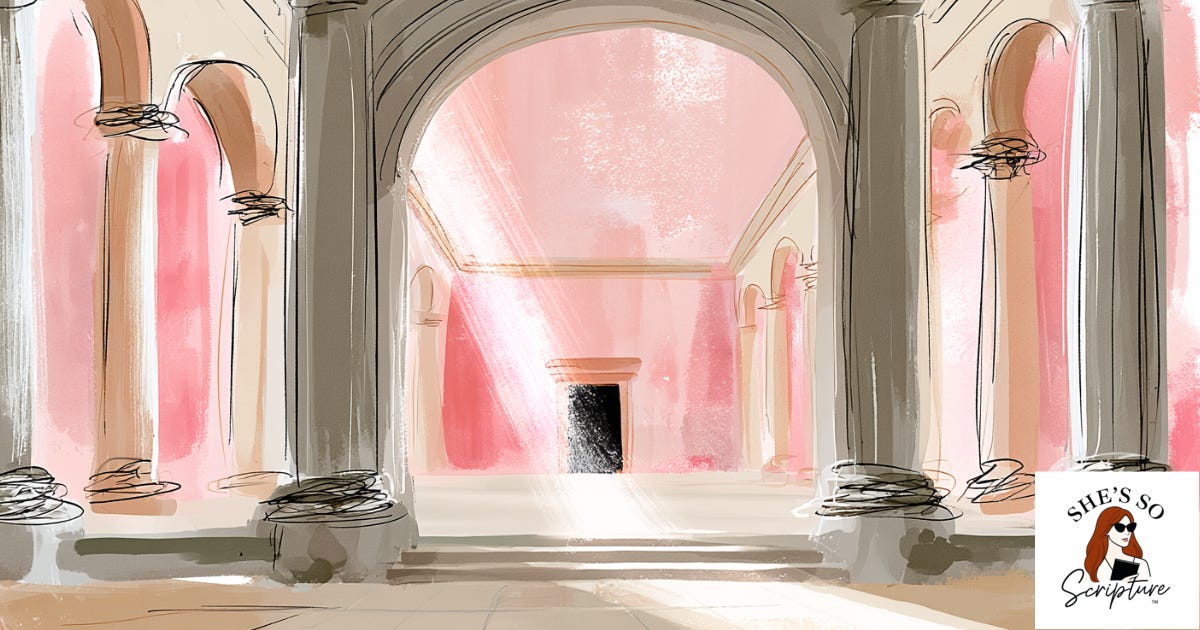 Watercolor illustration of an ancient temple courtyard at dawn with light breaking through stone archways, blush pink and cream tones, evoking themes of memory and reckoning from the Zechariah's Blood Bible study.