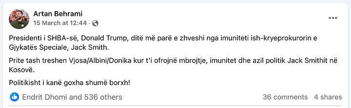 The attached screenshots depict a series of Facebook posts by Artan Behrami, which exemplify his campaign against the Kosovo Special Chambers.