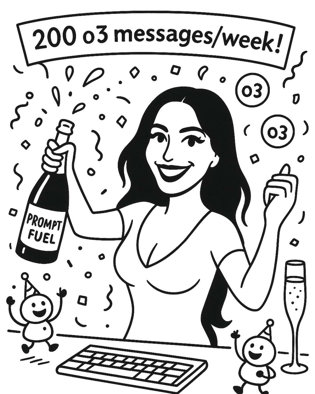 Black-and-white illustration celebrating OpenAI’s increase of o3-pro message limits for ChatGPT Plus users. A smiling woman holds a champagne bottle labeled "Prompt Fuel" while confetti, champagne glasses, and small party characters surround her. A banner reads “200 o3 messages/week!” referencing OpenAI’s updated ChatGPT o3 allocation for Plus subscribers.