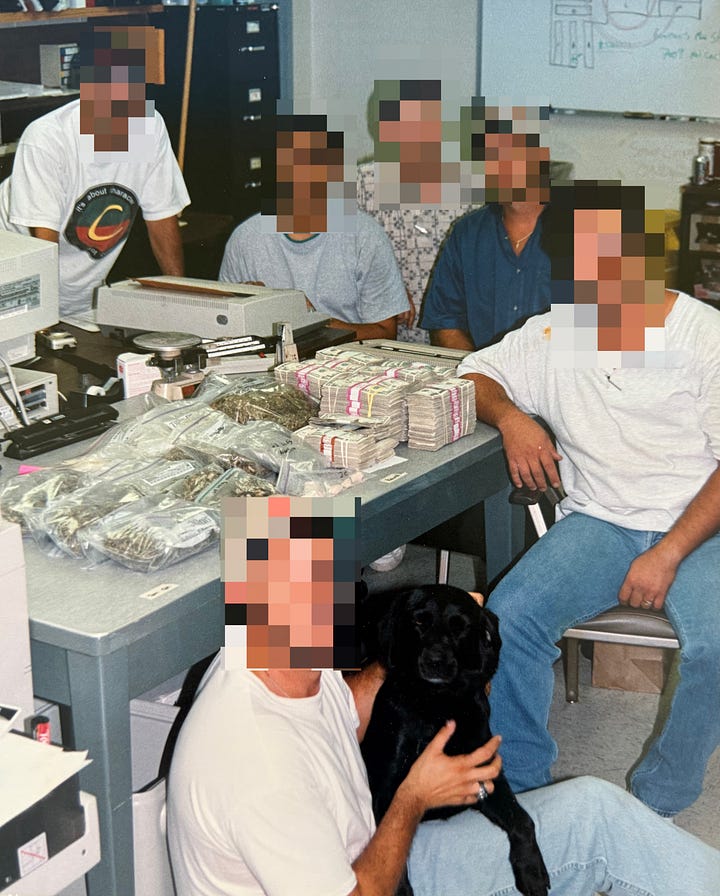 Lawton Police Department undercover detectives, including a drug dog, after conducting a search warrant of a house where they seized drugs and cash and Mc Nelly Torres with two undercover detectives after an interview. (Mc Nelly Torres | Don’t Forget My Voice)