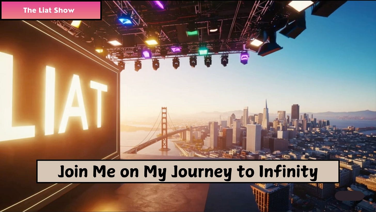 A digital illustration of a stage with the word "LIAT" lit up in large letters, set against a panoramic backdrop of San Francisco’s skyline and the Golden Gate Bridge under stage lights. Created for The Liat Show.