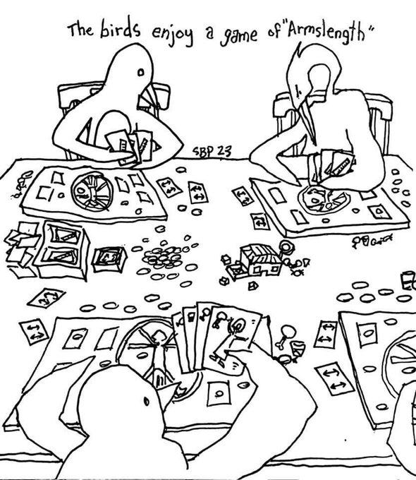 Birds playing a game that looks like Wingspan, but the cards have people on them. Caption says "The birds enjoy a game of Armslength"