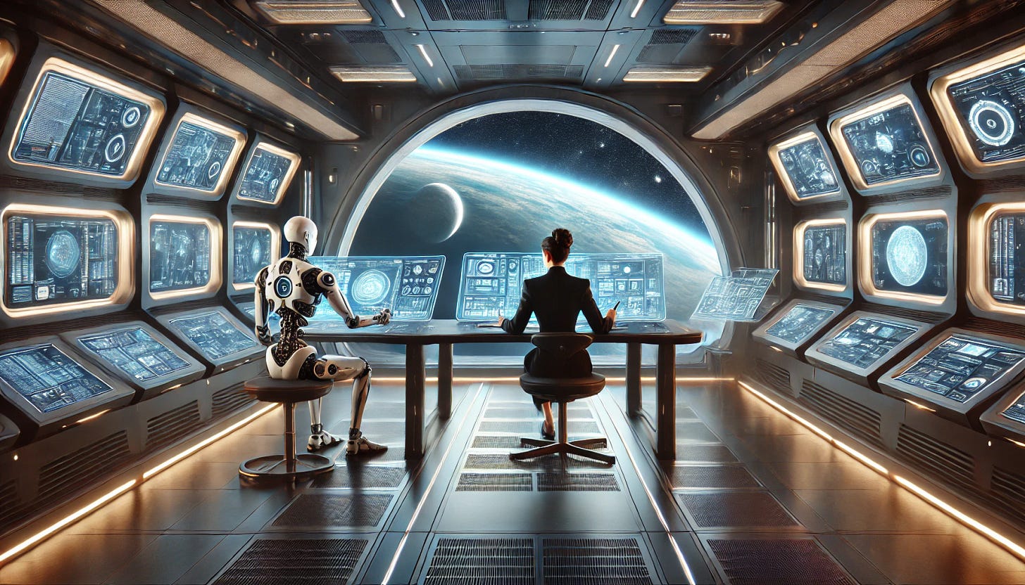 A futuristic workspace aboard a space station featuring an ultramodern partner desk in the center of the room. Through a large curved viewport is a stunning view of a nearby planet with stars and space beyond. Seated at one side of the partner desk is a modern, stylish woman, writing on a futuristic computer with holographic displays. Seated directly across from her, on the opposite side of the same desk, is a friendly-looking humanoid robot, also writing on a similar futuristic computer. Both appear to be working together. The interior is sleek, minimal, and high-tech, with glowing panels and a creative, collaborative atmosphere. No skeletons or extraneous figures are present.
