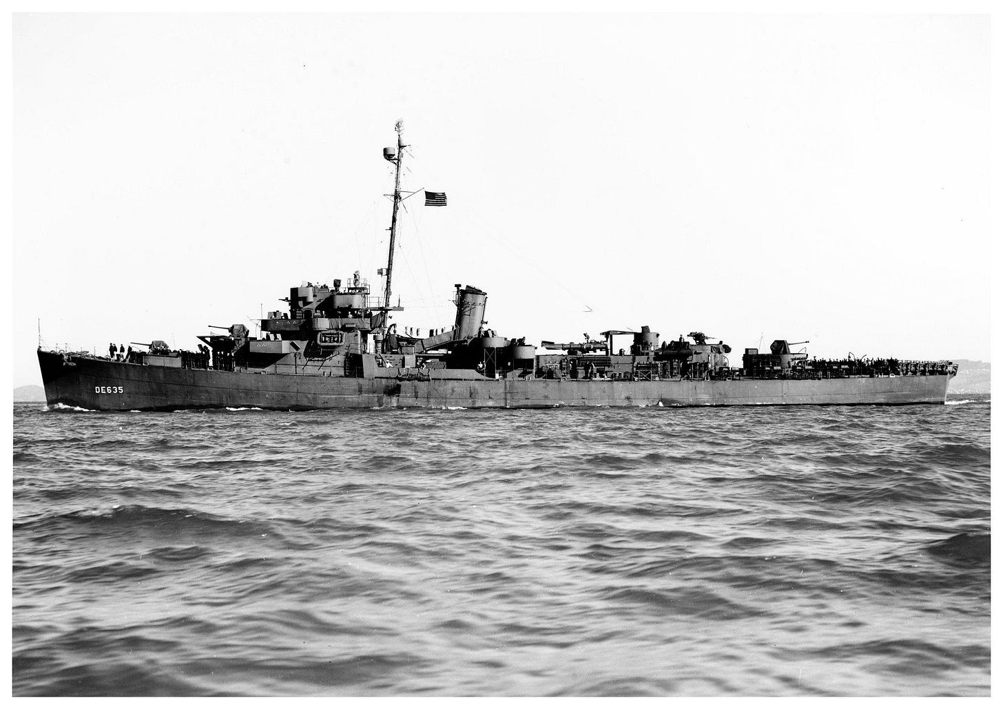 USS England (DE-635), one of the most successful submarine killers of WW2, off San Francisco, 9 February 1944.