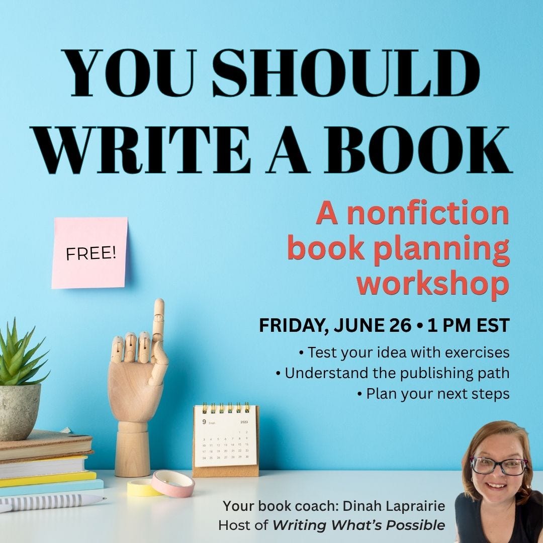 Promotional graphic for a free online workshop titled "You Should Write a Book: A Nonfiction Book Planning Workshop." The background shows a bright blue wall with a stack of books, a potted succulent, a wooden artist's hand, and a small desk calendar. Text highlights that the free workshop takes place Friday, June 26 at 1 p.m. EST and includes exercises to test your book idea, understand the publishing path, and plan your next steps. A photo of book coach Dinah Laprairie appears in the bottom right corner.