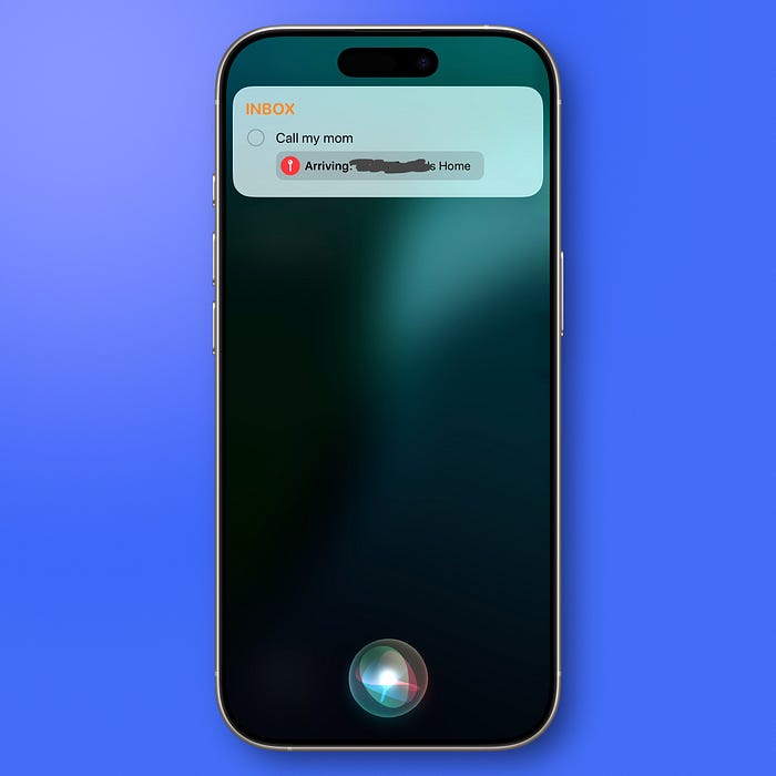 iPhone Siri interface showing inbox reminder to call mom with live location arrival notification on screen. iPhone Siri interface showing inbox reminder to call mom with live location arrival notification on screen.