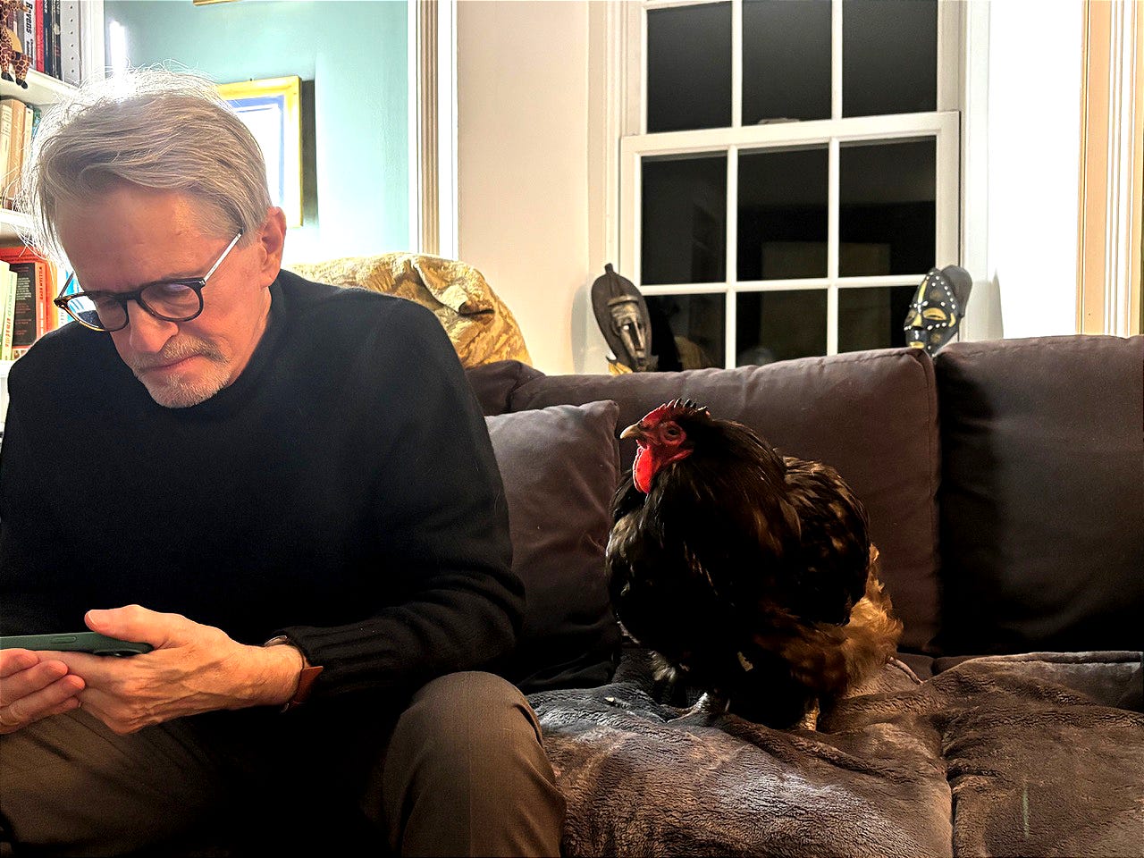 A person sitting on a couch with a chicken

AI-generated content may be incorrect.