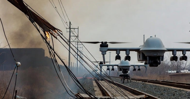 A photograph of damaged power lines and military drones on railroad tracks in a tense, overcast atmosphere. A photograph of damaged power lines and military drones on railroad tracks in a tense, overcast atmosphere.