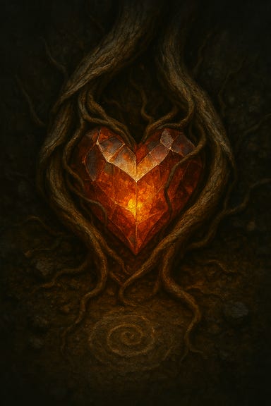 The Heartgem from Curse of Strahd, a mystical seed of balance gifted by the land to the Huntress. It glows faintly with inner light, nestled in a bed of twisted roots and soil beneath the Wizard of Wines winery. The gem is faceted like a heart-shaped crystal, pulsing with soft red and amber hues. Mist curls around it, and faint symbols shimmer across its surface. The surrounding earth is dark and ancient, with hints of buried memory and prophecy. The Heartgem from Curse of Strahd, a mystical seed of balance gifted by the land to the Huntress. It glows faintly with inner light, nestled in a bed of twisted roots and soil beneath the Wizard of Wines winery. The gem is faceted like a heart-shaped crystal, pulsing with soft red and amber hues. Mist curls around it, and faint symbols shimmer across its surface. The surrounding earth is dark and ancient, with hints of buried memory and prophecy.