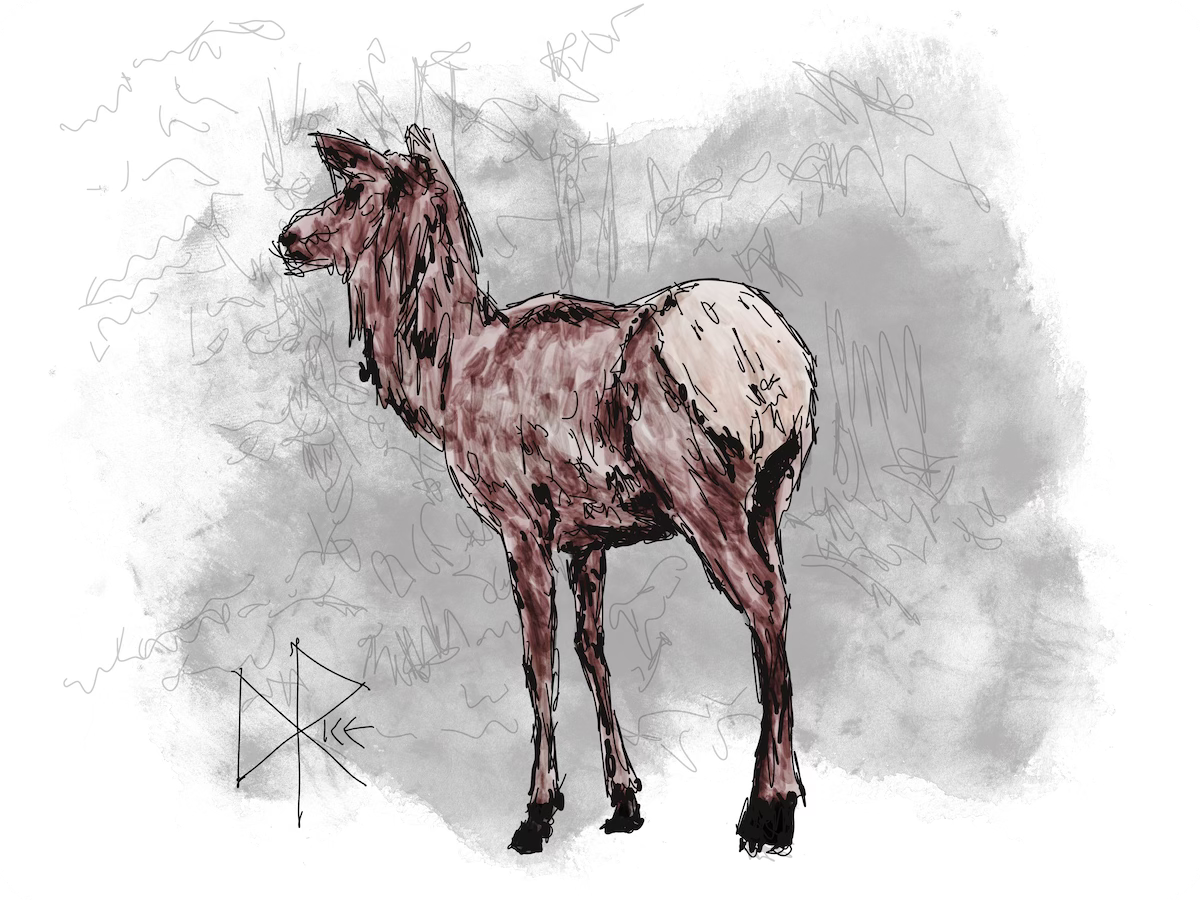 A deer stands near a crop of trees, looking around before returning to eating grass. Sketch art by Don Rice.