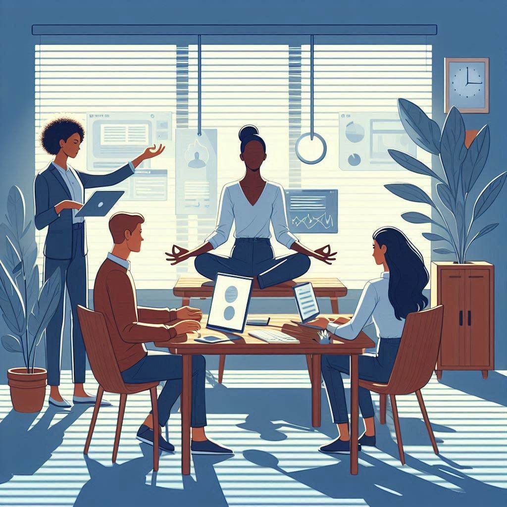 A proactive and mindful designer orchestrating with product managers in a calm workspace, minimal flat illustration with textures 2D, light and shadows, minimalist, isometric A proactive and mindful designer orchestrating with product managers in a calm workspace, minimal flat illustration with textures 2D, light and shadows, minimalist, isometric