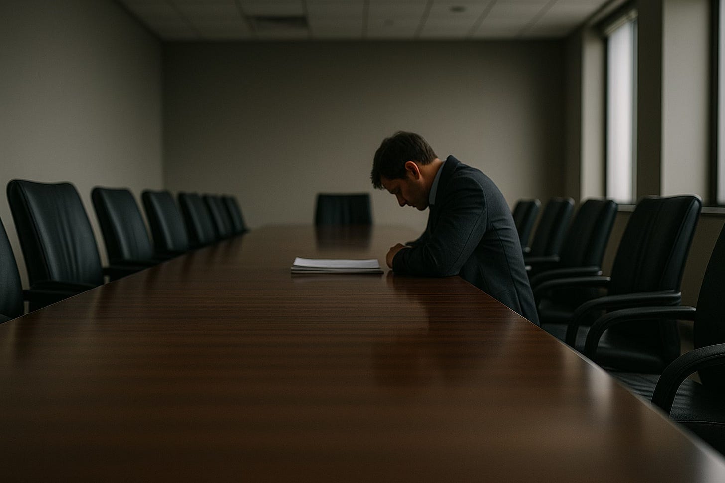 A man in a suit sits alone at a long, empty conference table, hunched over papers with a dejected posture.