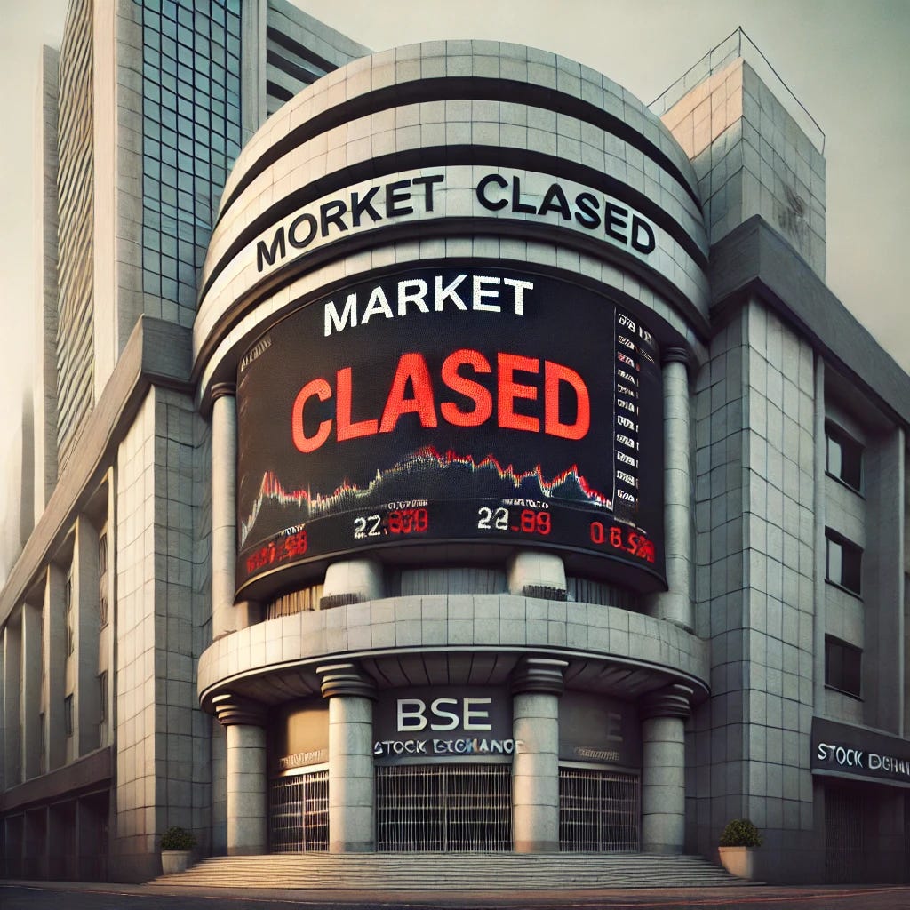 A modern stock exchange building with a large 'CLOSED' sign hanging on the front. The digital ticker displays 'MARKET CLOSED' in red text. The scene is quiet, with no people around, and a slightly overcast sky adds to the atmosphere. The building resembles the Bombay Stock Exchange (BSE) or National Stock Exchange (NSE) of India.