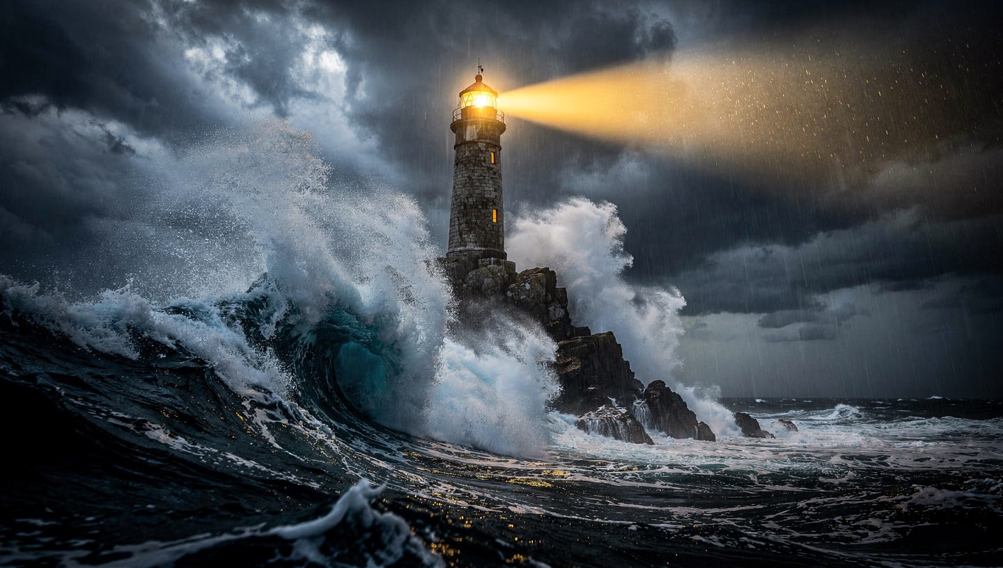 A massive, ancient stone lighthouse standing immovable on a jagged rock in the middle of a violent, dark ocean storm. Giant, chaotic waves are crashing against its base, but the lighthouse remains perfectly steady. From the top, a powerful, brilliant golden light cuts through the thick mist and dark clouds. Hyper-realistic, cinematic lighting, 8k resolution, National Geographic style, high shutter speed capturing water droplets, moody and atmospheric.