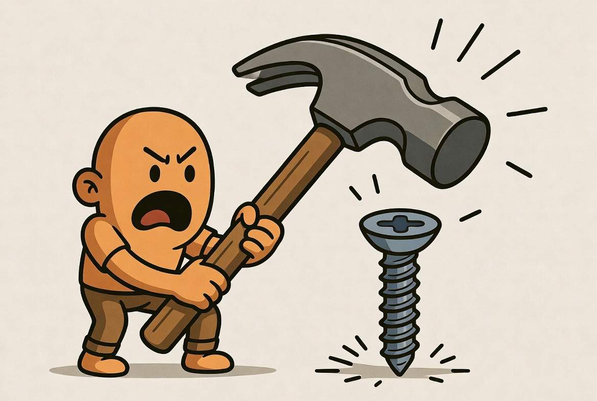 A cartoon illustration of a character misusing a hammer on a screw, in a humorous, exaggerated style.