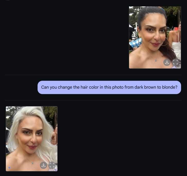 A screenshot of the Google Gemini 2.0 Flash (Image Generation) Experimental interface. The user requests: 'Can you change the hair color in this photo from dark brown to blonde?' The top image features a woman with dark brown hair tied in a ponytail. In the AI-generated version below, her hair is blonde and worn loose, showing significant alterations beyond just the color change.