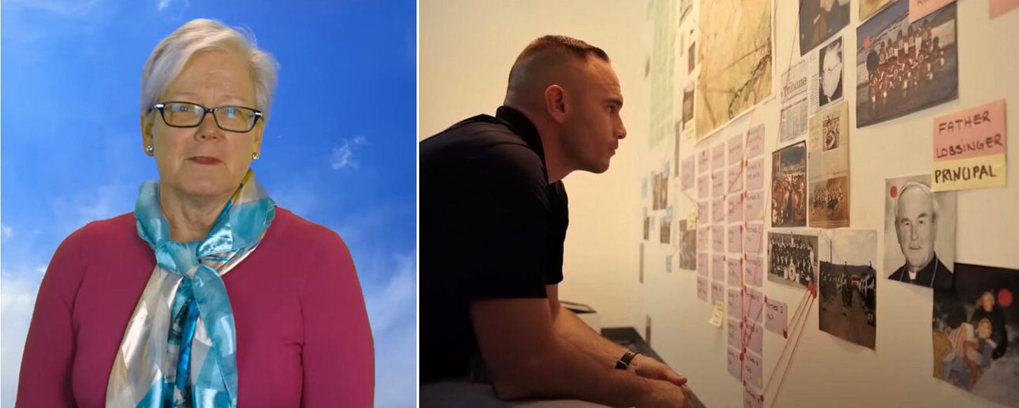 Independent journalist Michelle Stirling (left), a contributor to Dead Wrong, charted the factual errors in the 2024 pseudo-documentary Sugarcane – a fundamentally false tale whose villains are former IRS officials and clergy. At right, a “crime wall” scene from Sugarcane. 