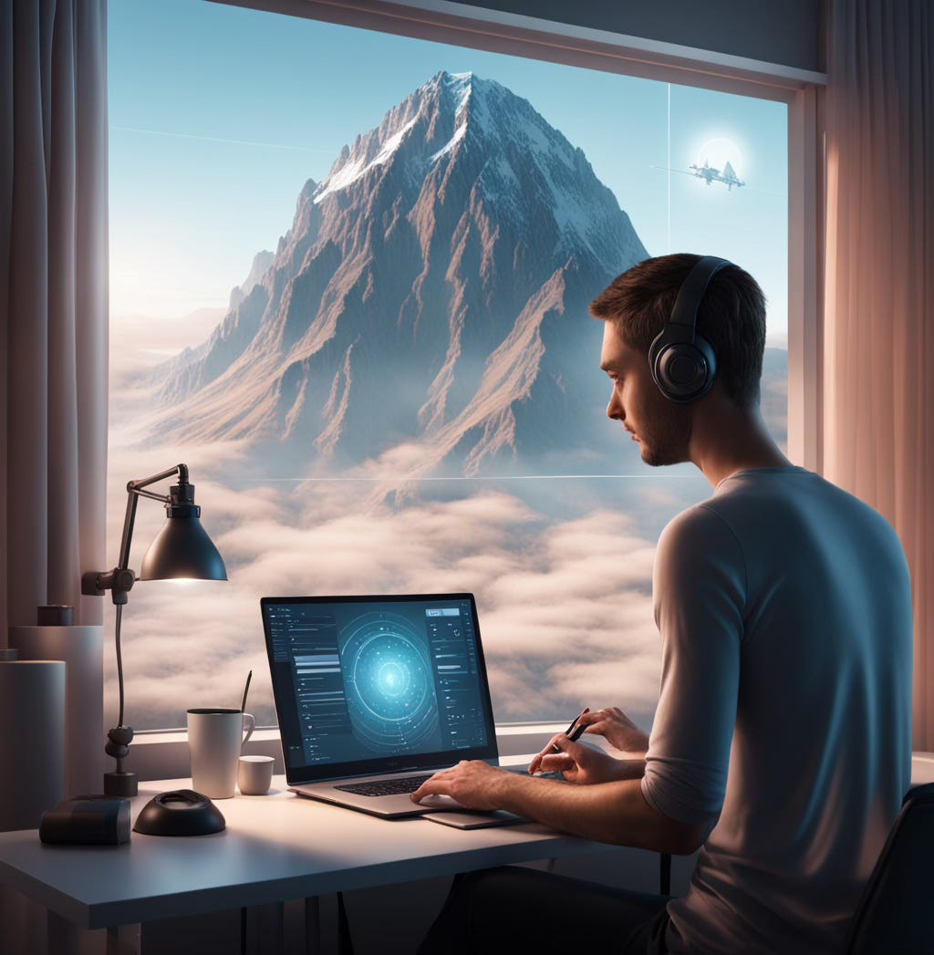 Image generated with Playground.ai and depicting a developer in a mountainous region