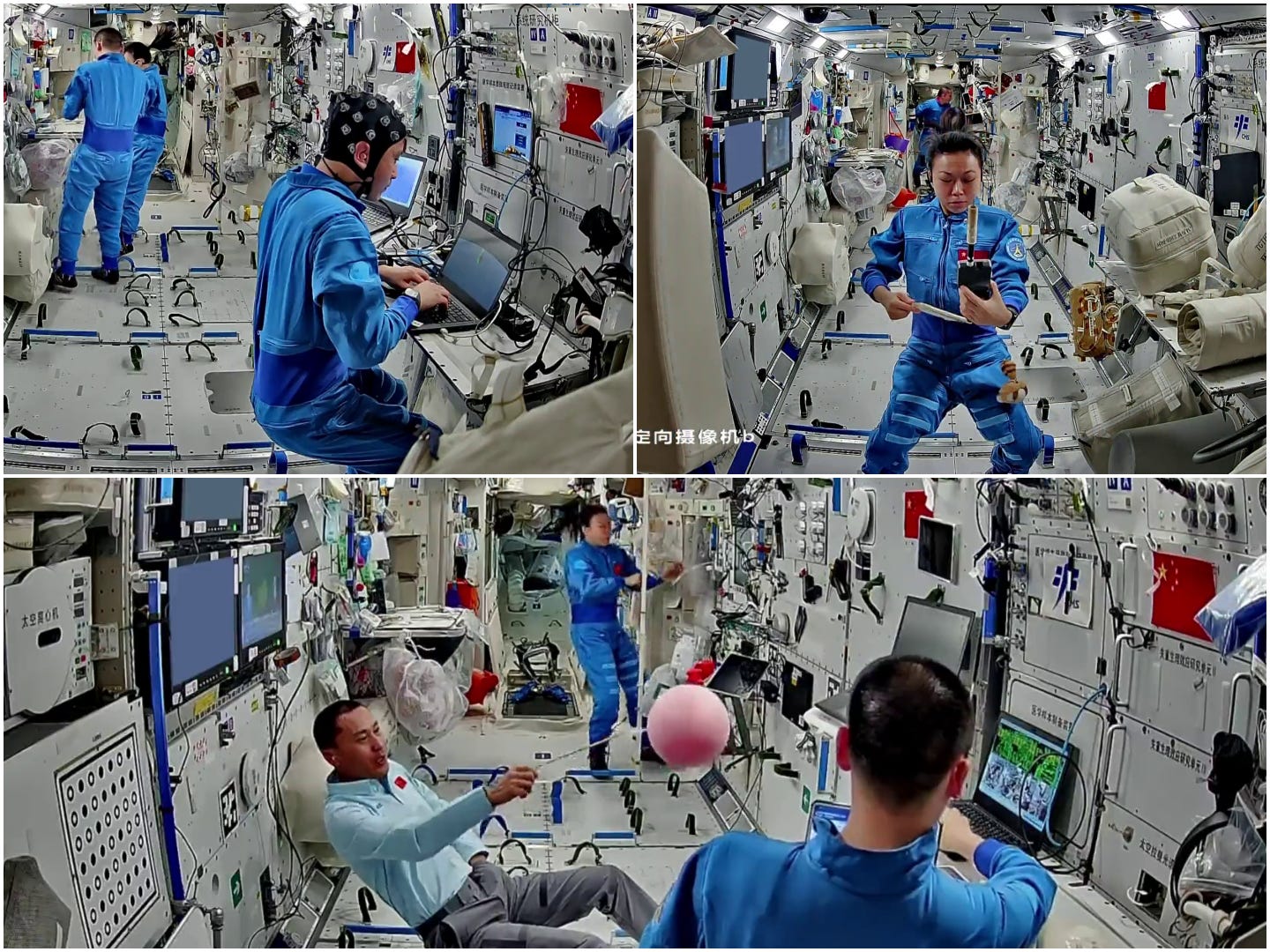 Zhu Yangzhu participating in brain function research (top left), Li Jiaying taking measurements of the space station’s internal atmosphere (top right), and Zhang Zhiyuan and Zhu assisting in machine learning object tracking training (bottom). Zhu Yangzhu participating in brain function research (top left), Li Jiaying taking measurements of the space station’s internal atmosphere (top right), and Zhang Zhiyuan and Zhu assisting in machine learning object tracking training (bottom).
