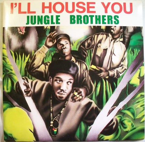 these images show vinyl art by African-American artists, Jungle Brothers, Queen Latifah, Fast Eddie, Precious, an album by Fast Eddie, and Tyree Cooper who performed hip-house music and laid the foundation for club music culture today.