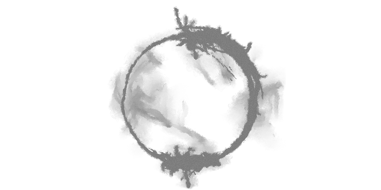 A faint, ink-like circular Heptapod logogram on a transparent background, its smoke-like form drifting at the top and bottom edges of the ring.