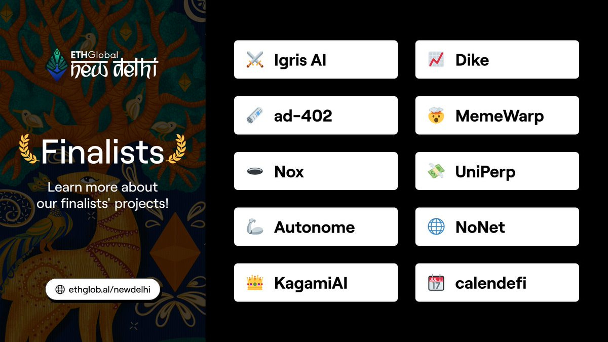 A vertical layout with a colorful background featuring the ETHGlobal New Delhi logo on the left, displaying text "Finalists" and "Learn more about our finalists\' projects!" A list of project names on the right includes Igris AI, ad-402, Nox, Autonome, KagamiAI, UniPerp, NoNet, MemeWarp, Dike, and calendefi, each with unique icons or emojis next to them. The ETHGlobal handle is visible at the bottom left.