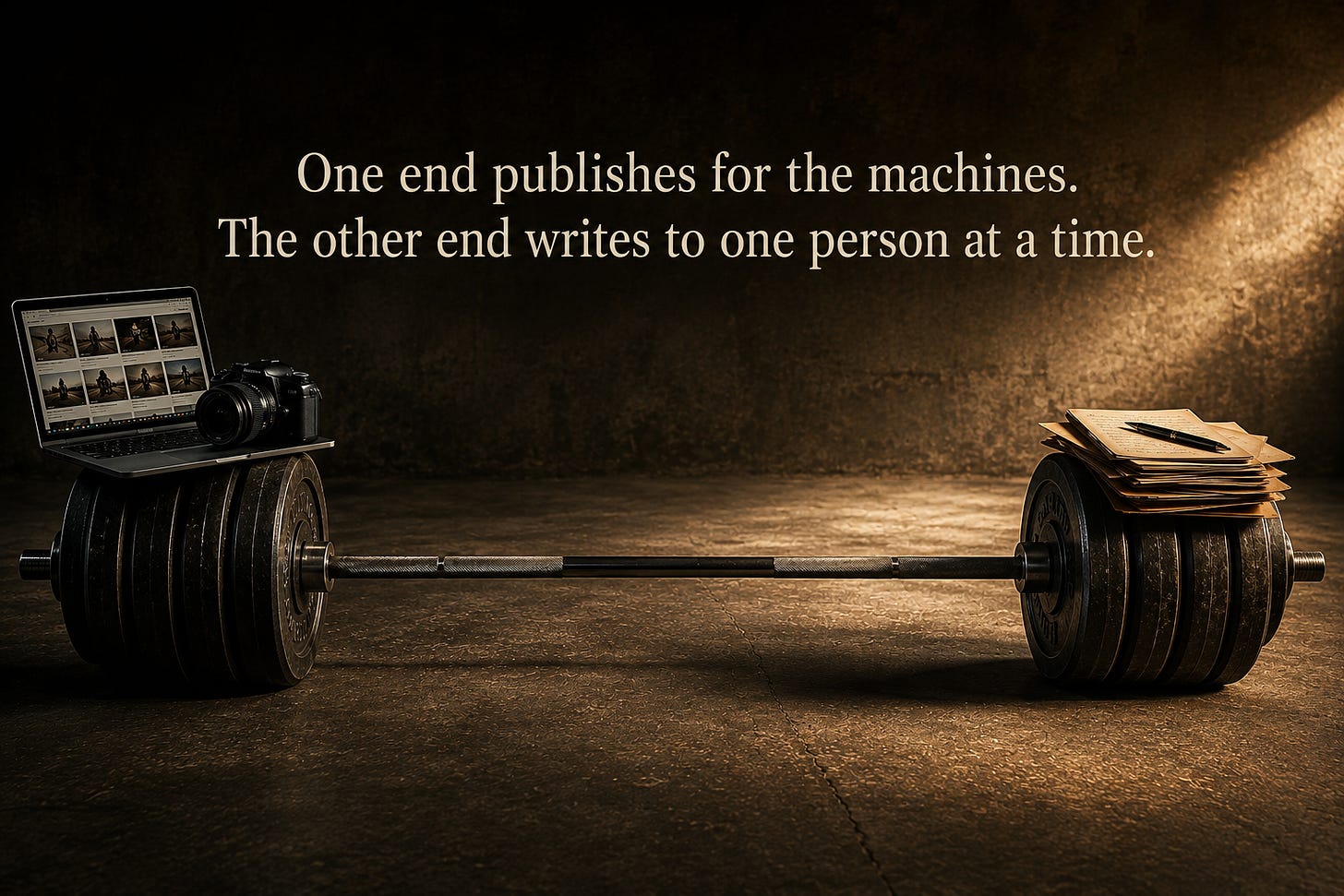 Barbell balancing digital publishing tools and handwritten letters, symbolizing the two ends of modern content strategy.