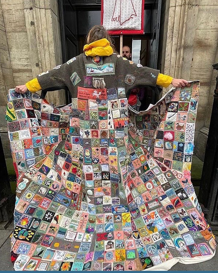 Four images of a patchwork coat