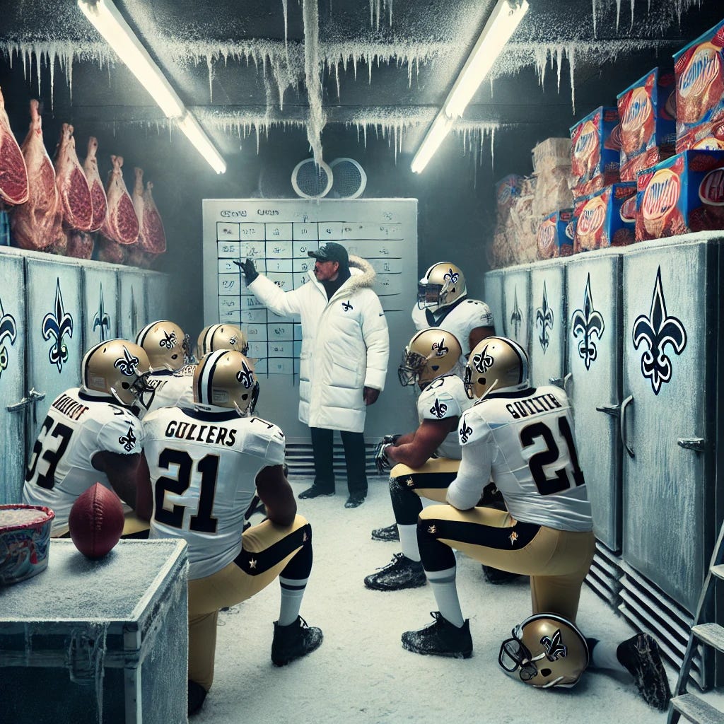 A surreal and humorous scene featuring the New Orleans Saints football team game planning inside a large walk-in freezer. The players, wearing their black and gold uniforms with helmets, are gathered around a table covered in playbooks and diagrams, while visible frost and cold breath fill the air. The walls are lined with frozen goods like hanging sides of beef and stacks of ice cream cartons. The coach, who is white, bundled in a parka and holding a clipboard, is passionately explaining plays on a frosty whiteboard. The lighting is cool and icy, emphasizing the unique environment.
