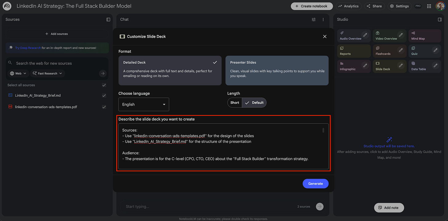 Screenshot of the "Customize Slide Deck" modal window in NotebookLM, showing the "Detailed Deck" option selected and a detailed prompt pasted into the text input field.