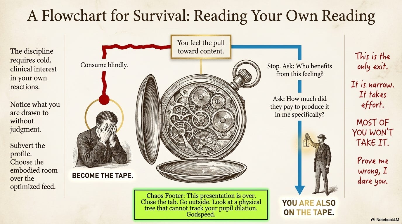 An open antique pocket watch rendered as a decision flowchart. From the prompt "You feel the pull toward content," two paths diverge: "Consume blindly → Become the tape," or "Stop. Ask who benefits from this feeling, and how much they paid to produce it in you specifically → You are also on the tape."