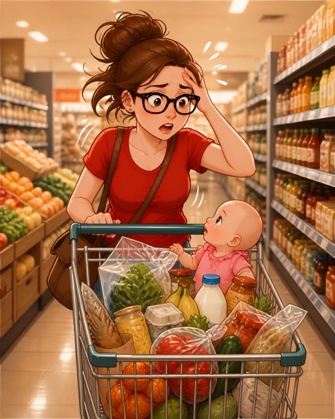 A mom in the grocery store with her baby - with a worried look on her face (AI-generated)