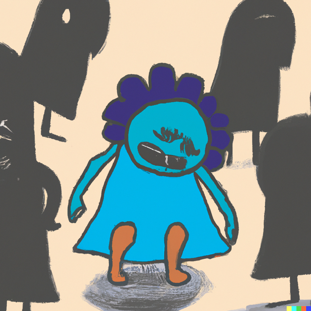 A blue figure crying in the middle of black figures ignoring her. A blue figure crying in the middle of black figures ignoring her.