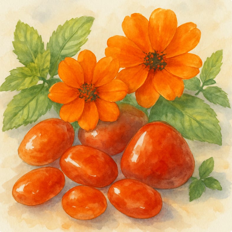 Watercolour image - Carnelian crystals, orange flowers and peppermint leaves - CreaTEAvity Studio