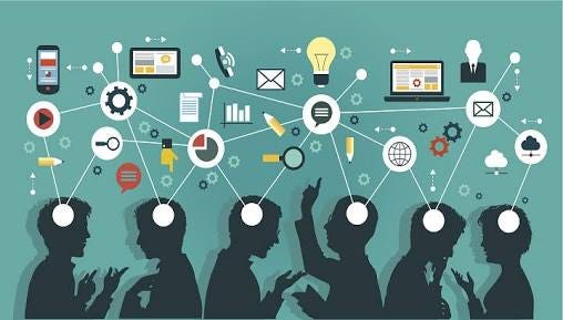Digital graphic of several silhouetted people facing one another, conversing. Each of their heads have a large white dot on them, connected by lines to other dots in the space above them. There are arrows and lines connecting many symbols for information and ideas, like a phone, a graph, a piece of paper, an envelope, a lightbulb etc. 