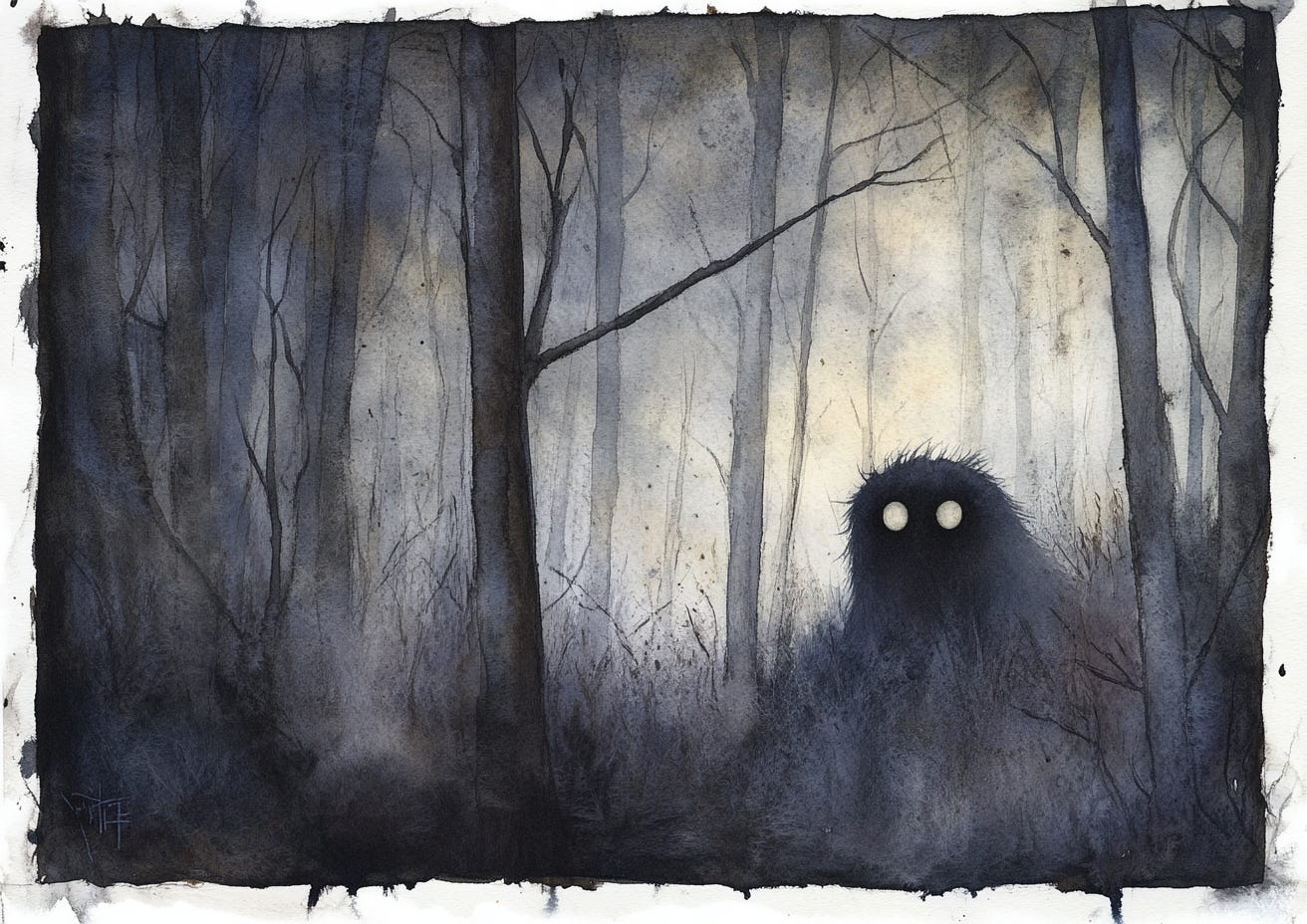 Dark, eerie forest scene with tall, leafless trees and a misty atmosphere. Shadowy, furry creature with large, glowing white eyes partially hidden among the trees and underbrush.