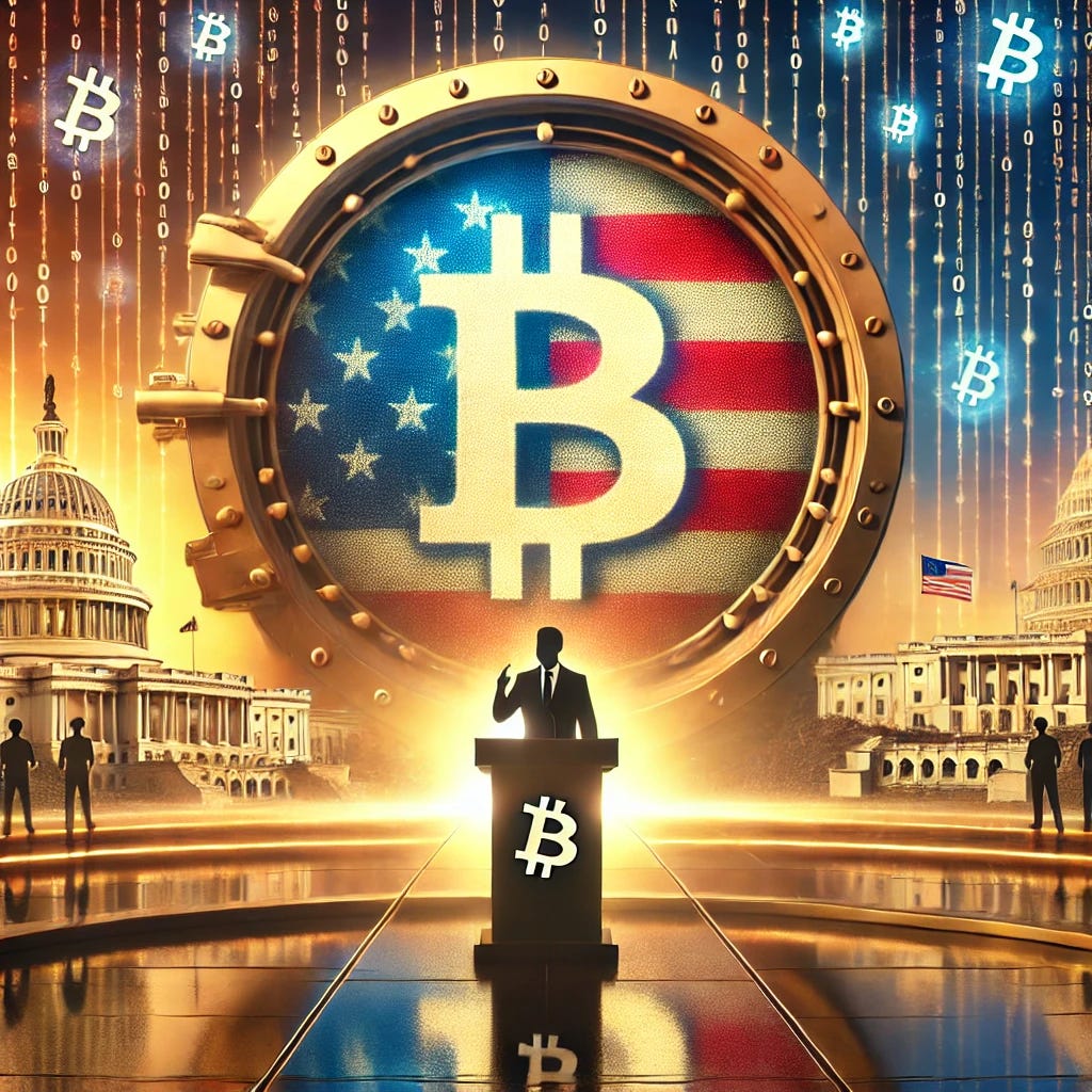 A digital illustration symbolizing the USA's strategic reserves and pro-Bitcoin policies in 2024. The scene features a large, glowing Bitcoin symbol integrated into a vault door with the USA flag subtly overlaid on it. In the background, a vibrant and optimistic sunrise shines over iconic American landmarks like the Capitol Building and a digital skyline with Bitcoin nodes represented as glowing dots. The foreground includes a podium with a figure resembling a political leader speaking to a crowd, symbolizing policy support. The atmosphere is optimistic, with warm tones of gold, red, white, and blue, emphasizing progress and hope for Bitcoin commerce.