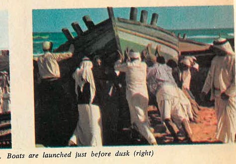 A collection of photographs from 1956 by David Douglas Duncan depicting Palestinian fishermen in Gaza. The images show men hauling their boat ashore after a night at sea, launching the sardine fleet at dusk, selling fresh catch directly on the beach, drying and mending nets, and preparing for another night’s work. These scenes reflect the enduring reliance on the sea for survival, even under the looming pressures of conflict and blockade.