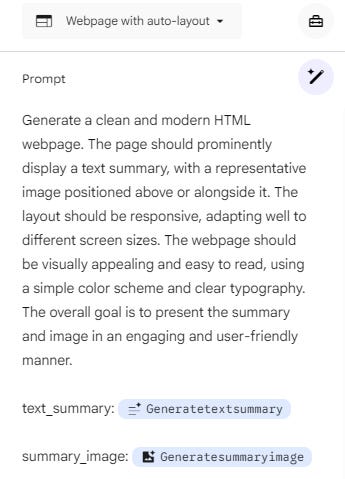 A Google Opal prompt editor showing instructions to generate a clean, responsive HTML webpage using a text summary and an AI-generated summary image.