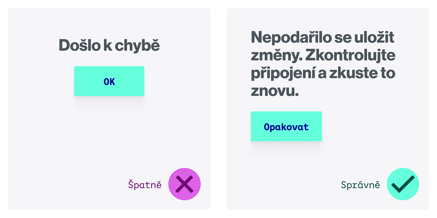 Vlevo (špatně) chybová hláška neobsahuje vysvětlení. Vpravo (správně) chybová hláška vysvětluje situaci a nabízí řešení.