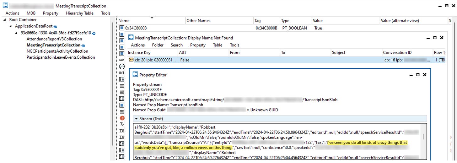 View on the Meeting Transcript Collection using MFCMAPI - © Robbert Berghuis