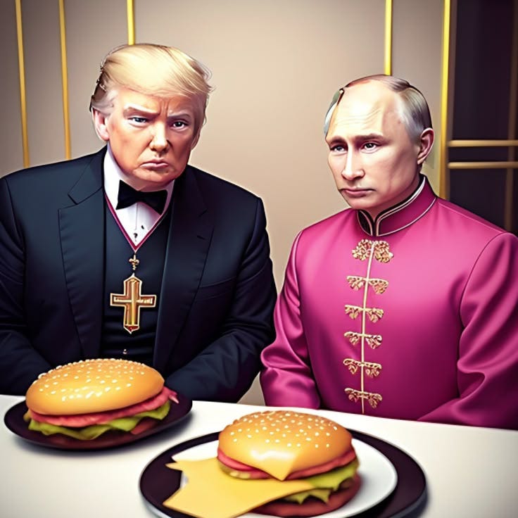 This may contain: two men sitting at a table with hamburgers