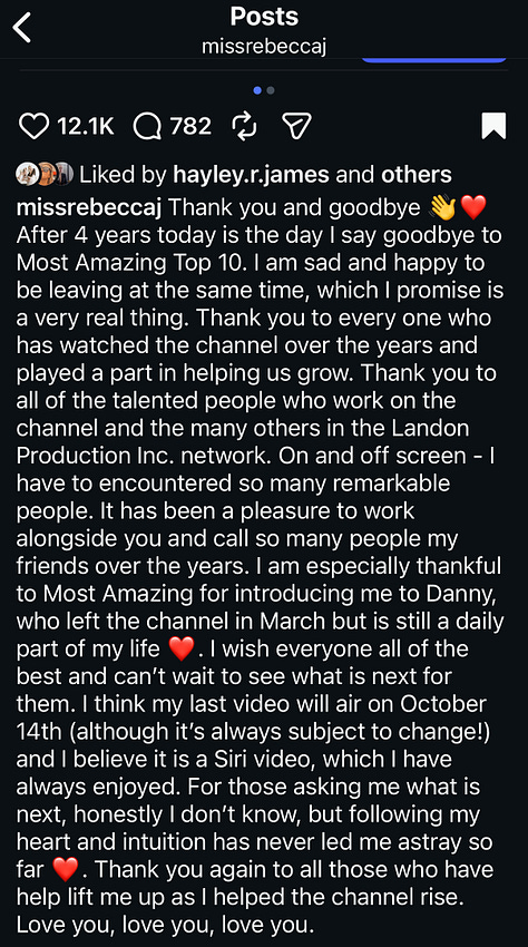 Rebecca Felgate quit YouTube channel and posted to Instagram
