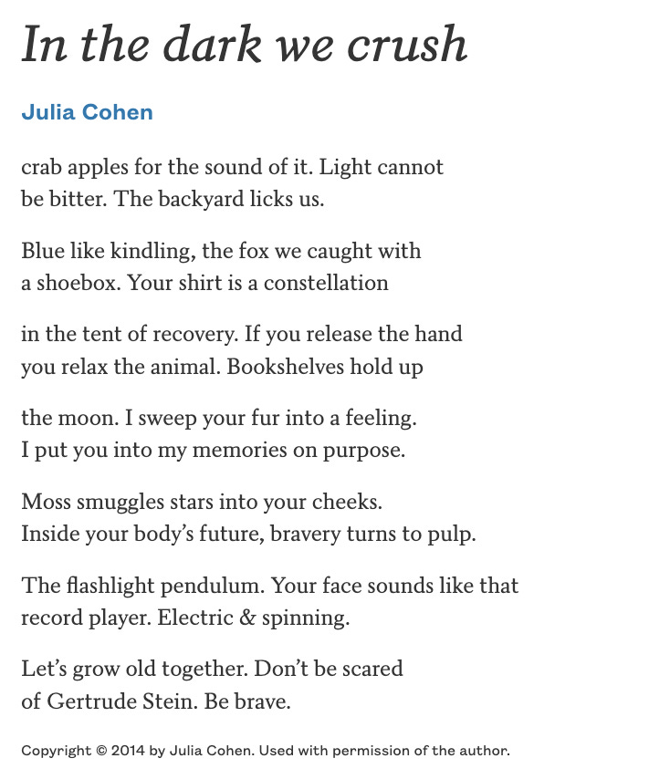 a screenshot of the poem In the dark we crush by Julia Cohen