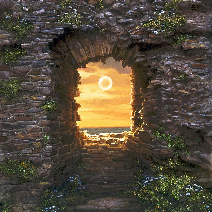 LEFT: Detail from WINDOW TO THE SUN featuring a transparent orb containing a solitary flame floating out of a stone passageway to sky saturated with golden light. The edge of the water can be seen below. Wildflowers grow on the ground and through cracks in the wall. Time has worn the uneven stones so the edges are rounded and in places melding into a single mass. RIGHT: Close detail from WINDOW TO THE SUN featuring wildflowers growing in the ruins. A break in the wall is oversaturated with golden light. A stairs lead to an opening in the wall. Their immediate edge is bright white with the direct sun. On the closer side of the wall, indirect light is creating interesting effects, making the heads of daisies look pale blue in patches. The walls are so old, the edges of the stones are rounded where they jut out.