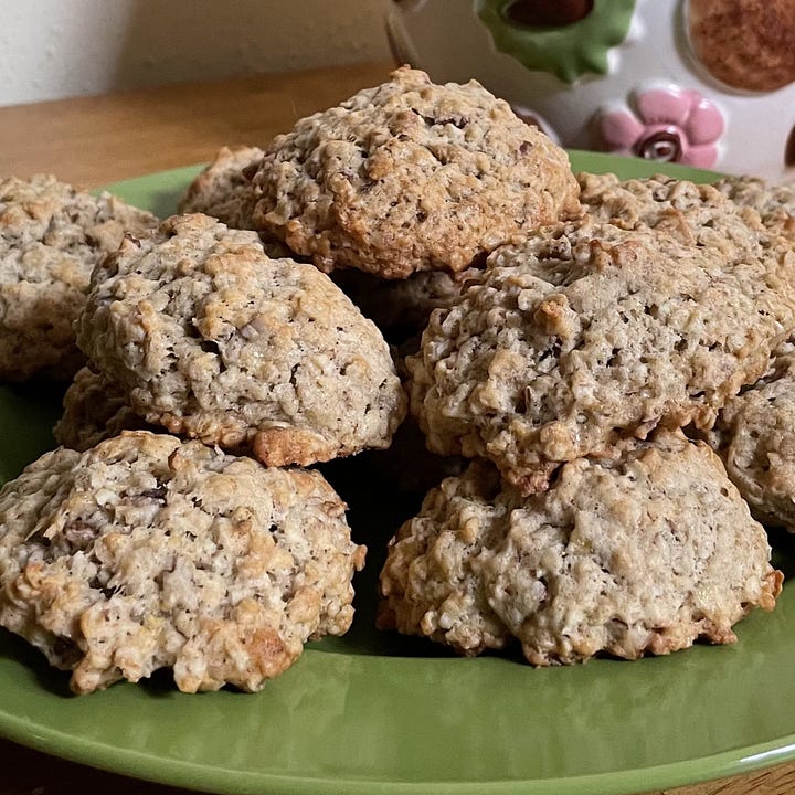 Two young white girls in the left photo, and a green plate piled high with fresh-baked banana oatmeal cookies in the right photo
