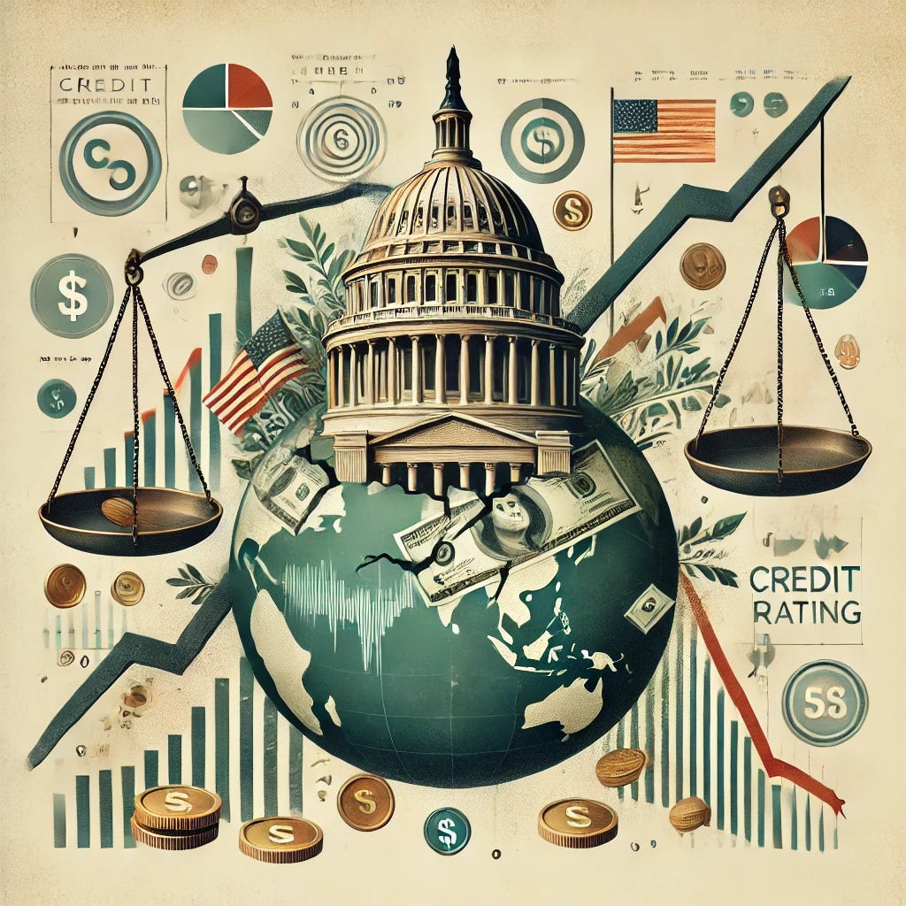 A professional and informative illustration depicting the global economic implications of the U.S. debt ceiling crisis. The image features symbolic elements such as a fractured U.S. Capitol building, a tipping balance scale with dollar bills and coins, and a globe to emphasize global impacts. Surrounding elements include declining stock charts, credit rating symbols, and international trade routes disrupted by uncertainty. The design uses a muted color palette with accents of green, gold, and blue for a polished and serious tone.