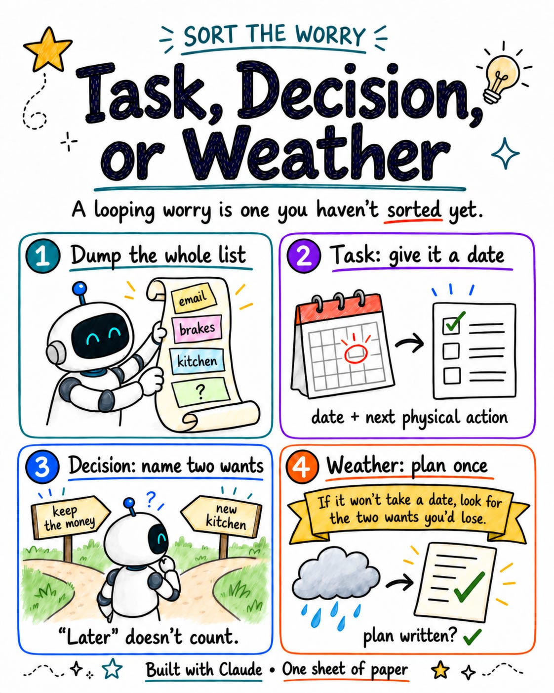 A hand drawn poster titled Task, Decision, or Weather in four panels. Panel 1, Dump the whole list: a robot holds a long scroll of worry notes. Panel 2, Task: give it a date: a calendar with a circled date leads to a checklist, captioned date + next physical action. Panel 3, Decision: name two wants: the robot stands at a fork with signposts reading keep the money and new kitchen, captioned Later doesn't count. Panel 4, Weather: plan once: a banner reads If it won't take a date, look for the two wants you'd lose, above a rain cloud and one checked sheet of paper labeled plan written? A hand drawn poster titled Task, Decision, or Weather in four panels. Panel 1, Dump the whole list: a robot holds a long scroll of worry notes. Panel 2, Task: give it a date: a calendar with a circled date leads to a checklist, captioned date + next physical action. Panel 3, Decision: name two wants: the robot stands at a fork with signposts reading keep the money and new kitchen, captioned Later doesn't count. Panel 4, Weather: plan once: a banner reads If it won't take a date, look for the two wants you'd lose, above a rain cloud and one checked sheet of paper labeled plan written?